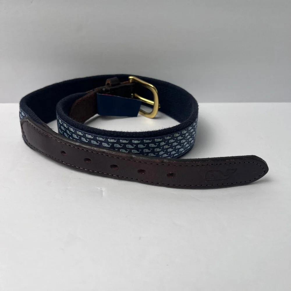 Vineyard Vines Navy Blue Whale Print Kids Belt with Brown Leather Trim